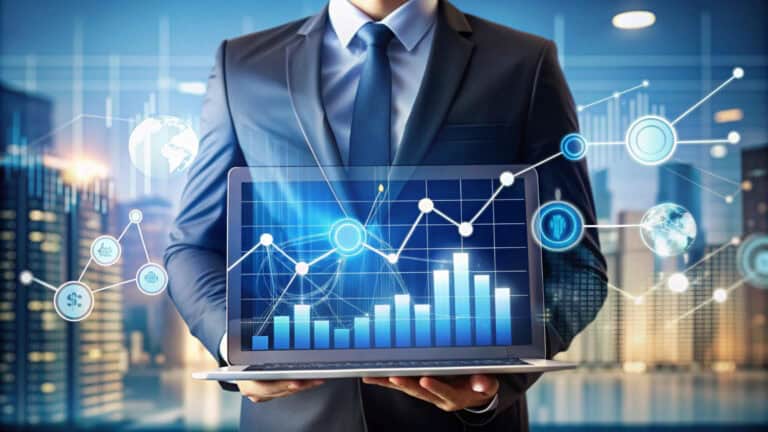 Business professional analyzing data and risks with a digital graph on a laptop.
